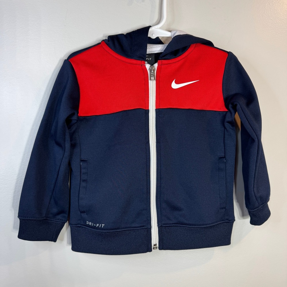 Nike Dri-Fit Track Jacket Kids 24M Blue Red Full Zip Athletic Hooded Sweathirt